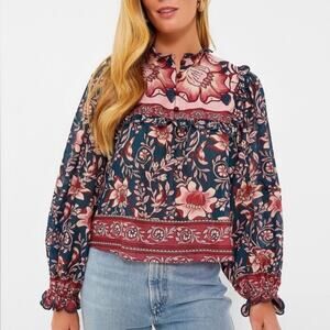 Farm Rio Teal Ainika Charm Long Sleeve Blouse M